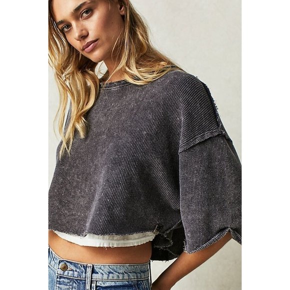 Free People Tops - Free People Off My Mind Terry Tee S Gray Cropped Waffle Thermal Raw Hem